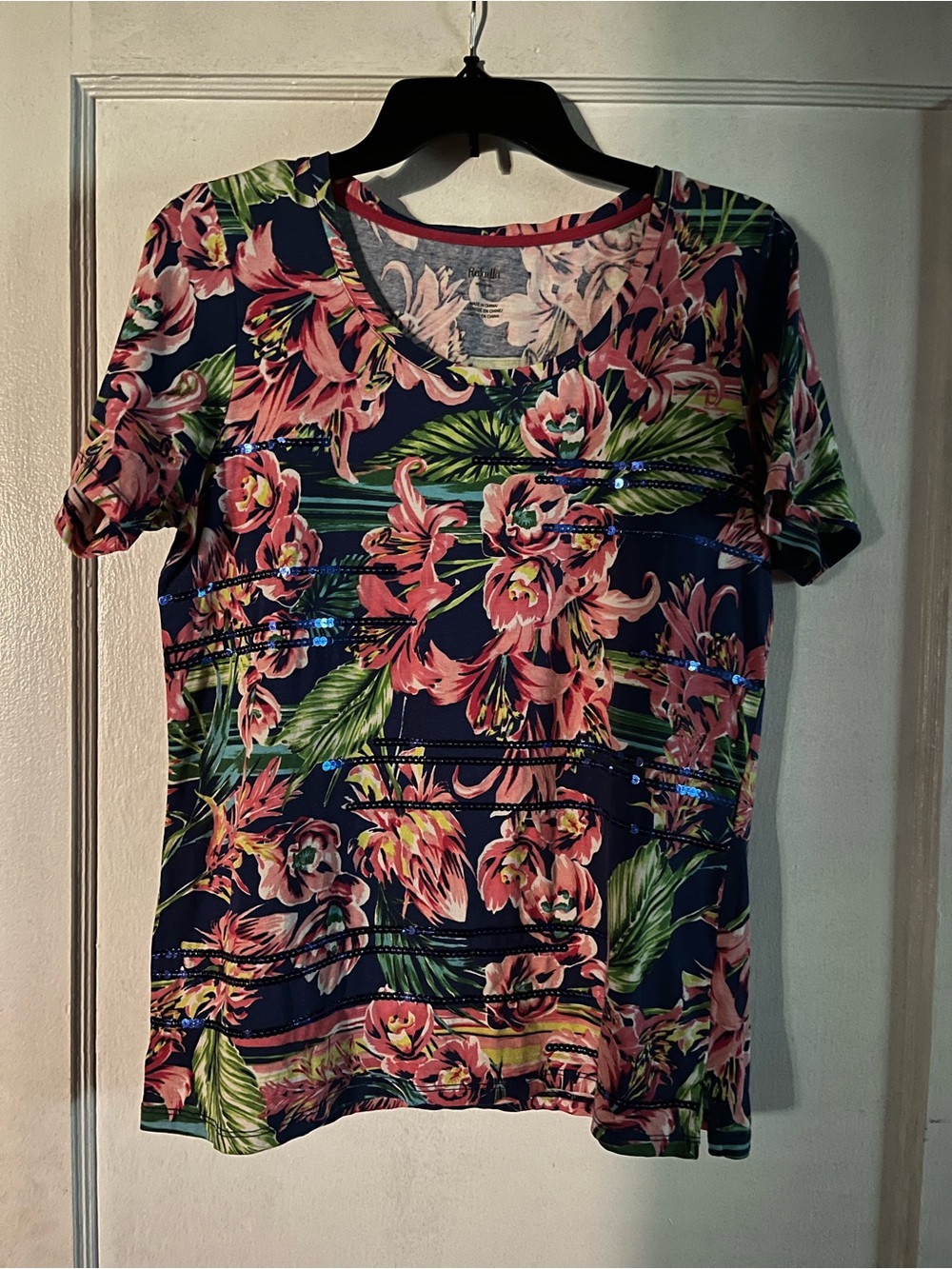 Rafaella Navy Floral Sequin Short-Sleeve Top